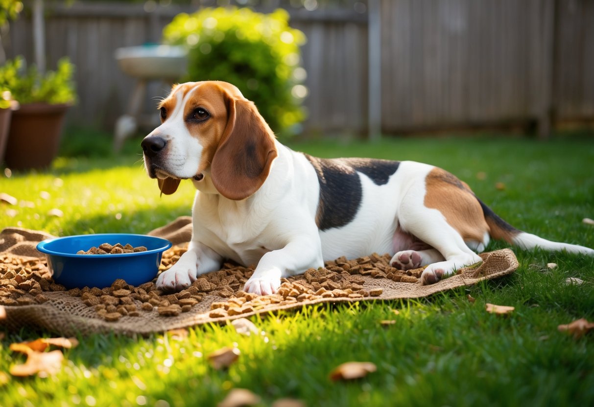 A beagle lounges in a sunny backyard, surrounded by scattered fur. A bowl of kibble sits nearby
