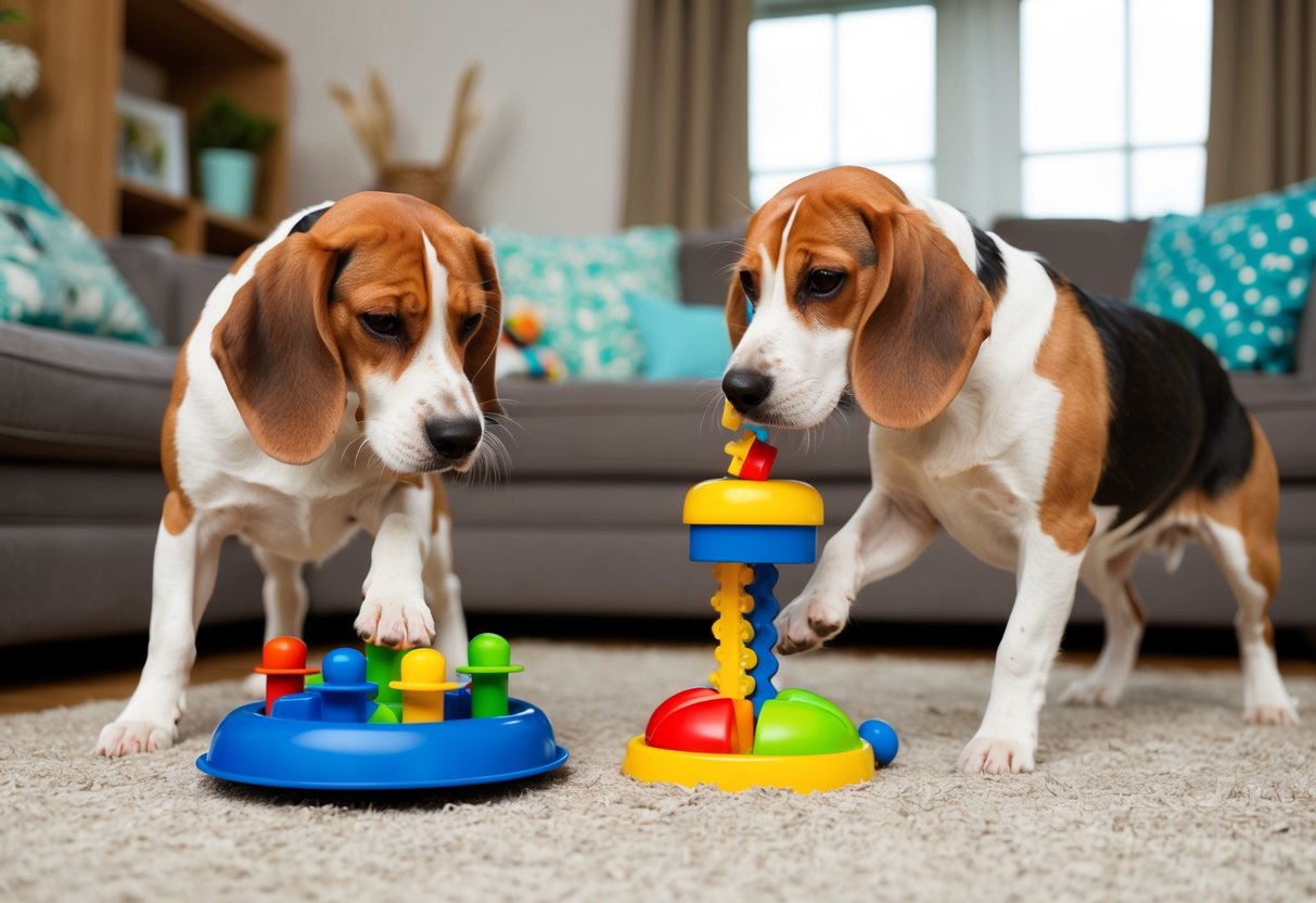 Two beagles playing with interactive toys in a cozy living room with a puzzle feeder and a variety of stimulating activities
