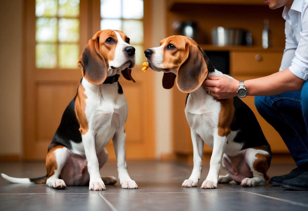 Two beagles being trained indoors, one sitting obediently while the other is being rewarded for good behavior
