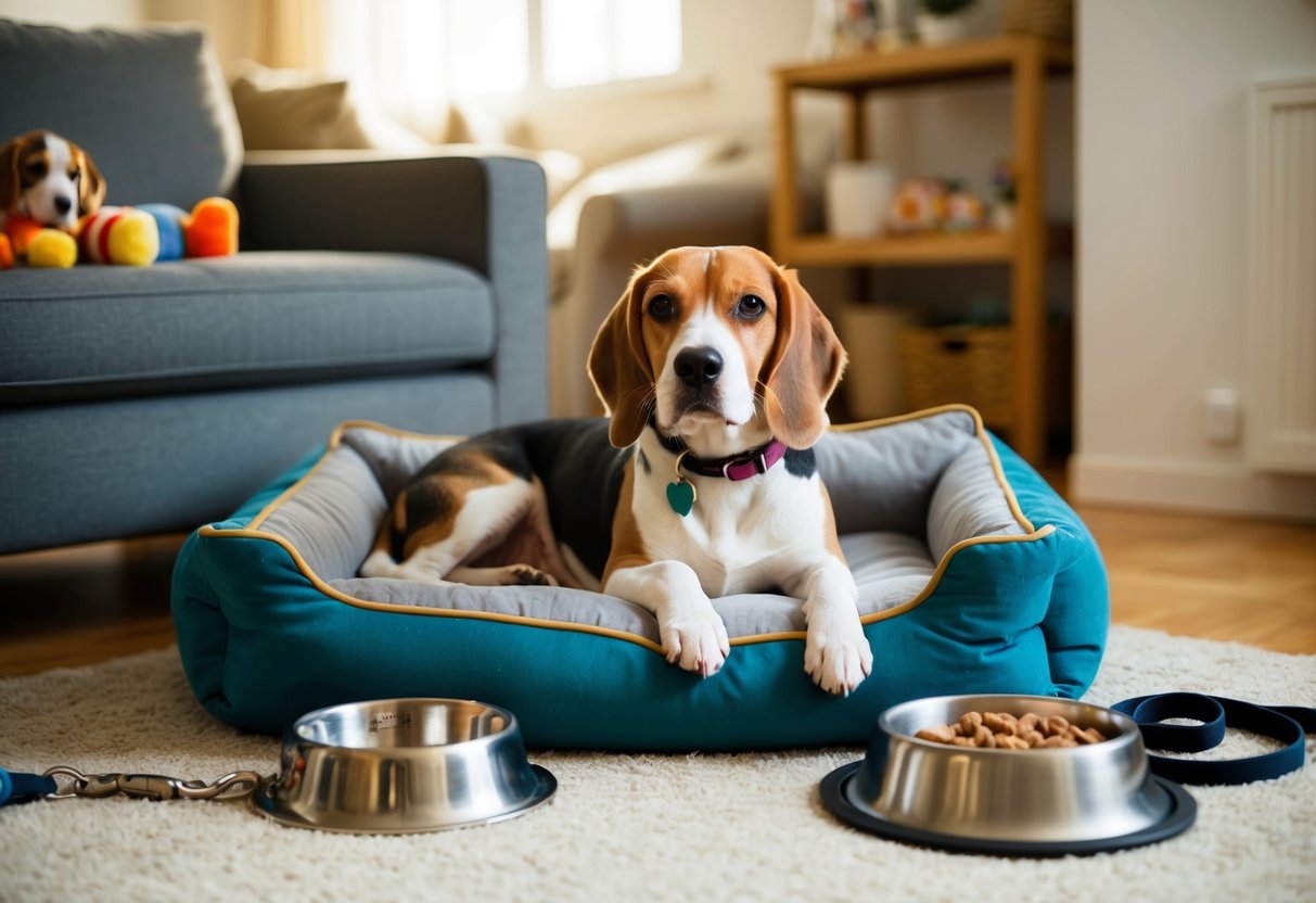 A beagle lounges comfortably inside a cozy living room, surrounded by toys and a plush bed. A water bowl and food dish sit nearby, along with a leash and collar