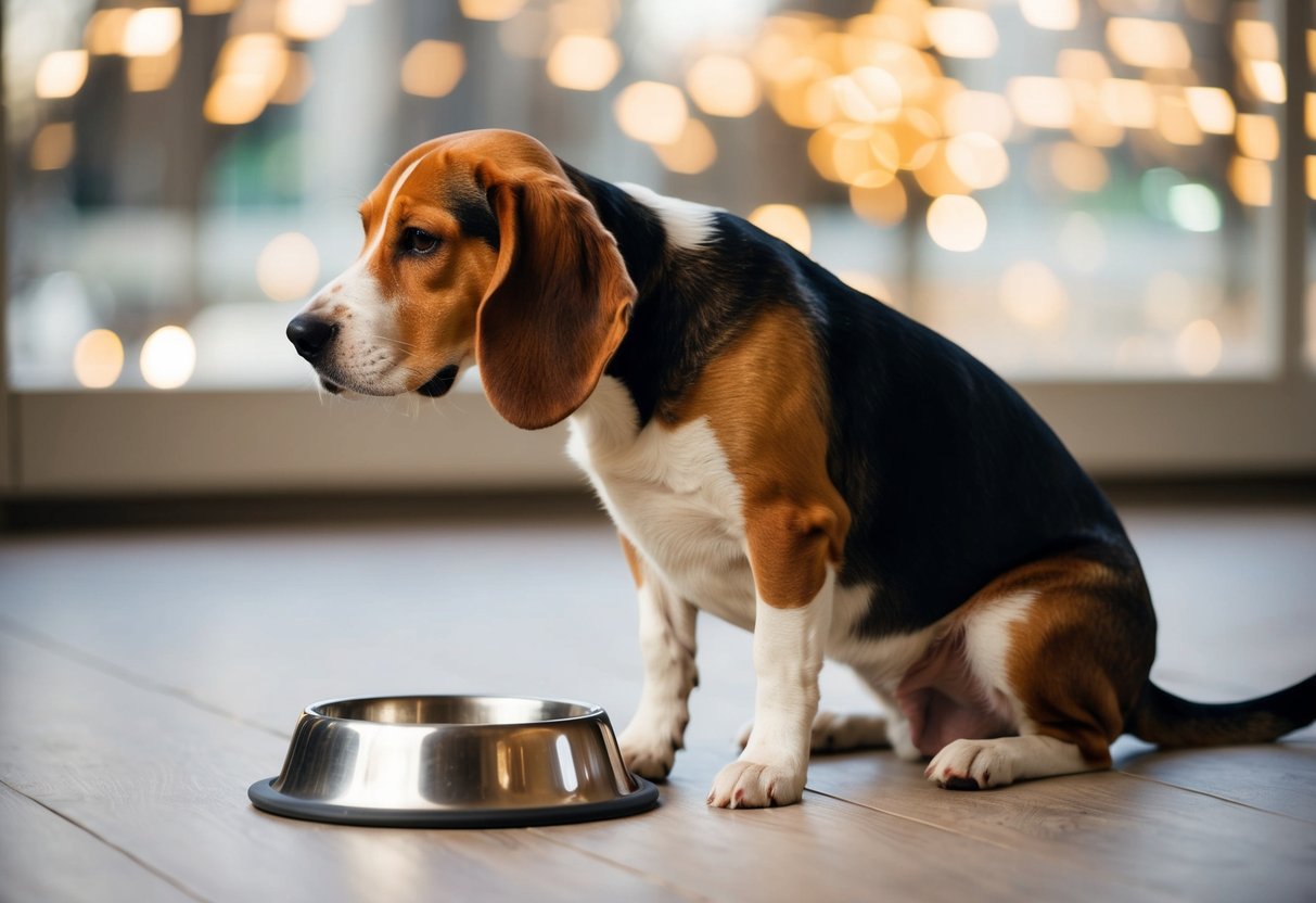 A beagle sits contentedly, belly pleasantly round, beside an empty food bowl