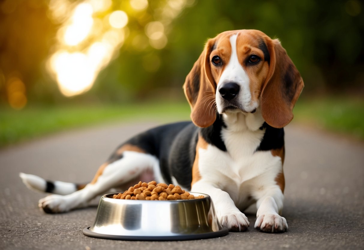 A beagle sits contentedly beside a full food bowl, wagging its tail