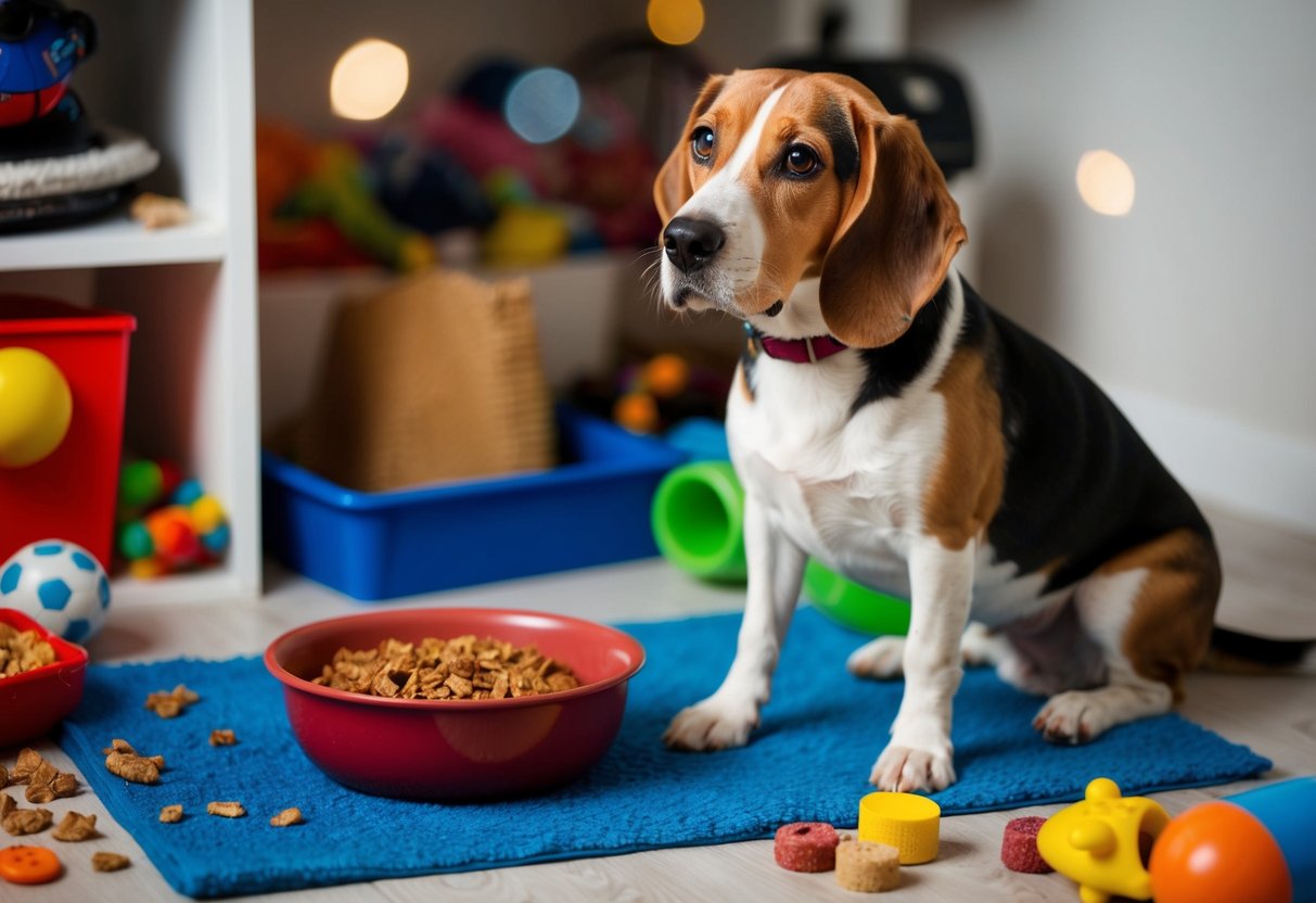A beagle sits next to a half-eaten bowl of food, looking up with a questioning expression. The surrounding area is cluttered with various toys and treats