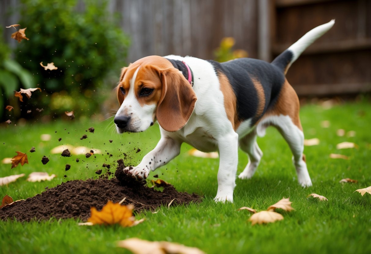 A beagle digs energetically in a backyard garden, scattering soil and leaves around