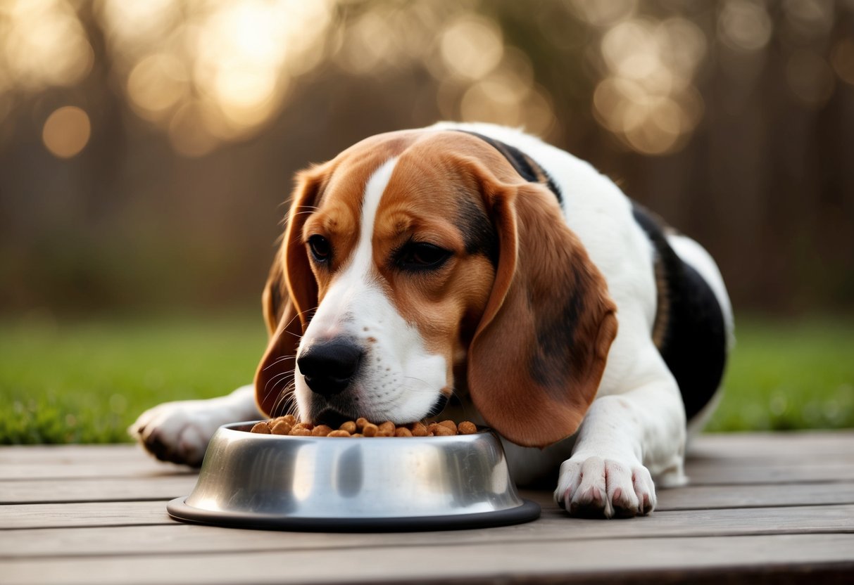 A beagle lying contentedly next to a half-empty food bowl, looking satisfied and relaxed