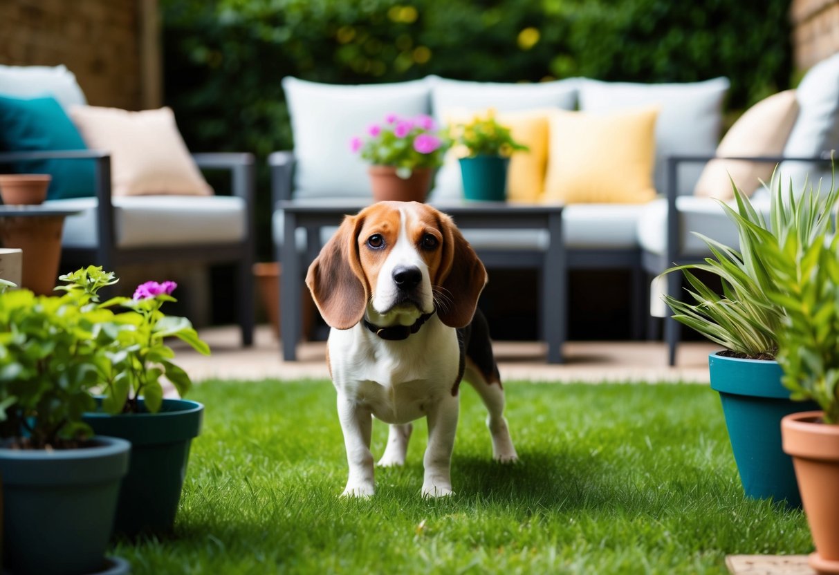 A beagle digs in a lush backyard garden, surrounded by potted plants and a cozy outdoor seating area