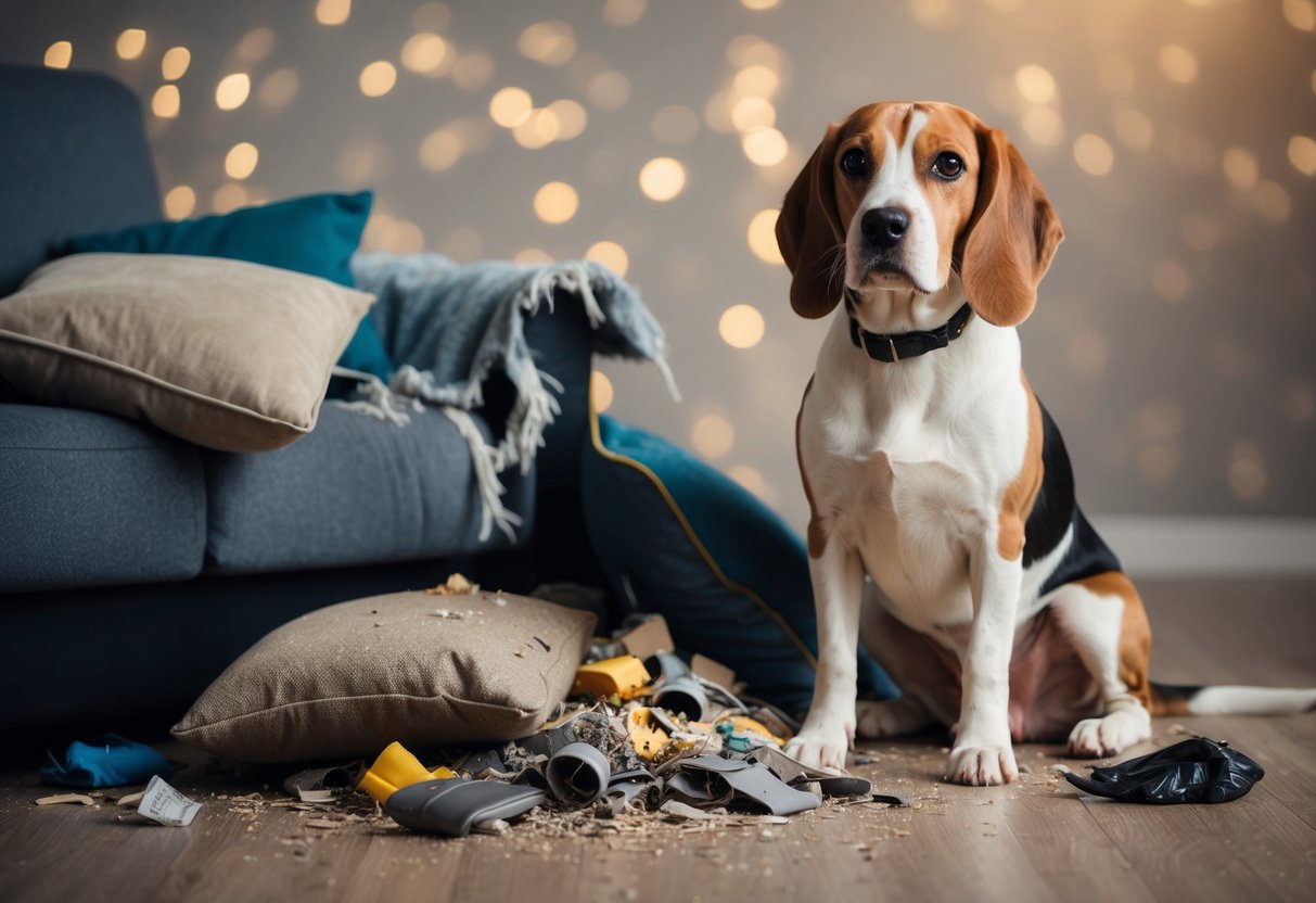 A beagle with a worried expression sits beside a pile of chewed up belongings, while a torn couch cushion and scattered trash surround them