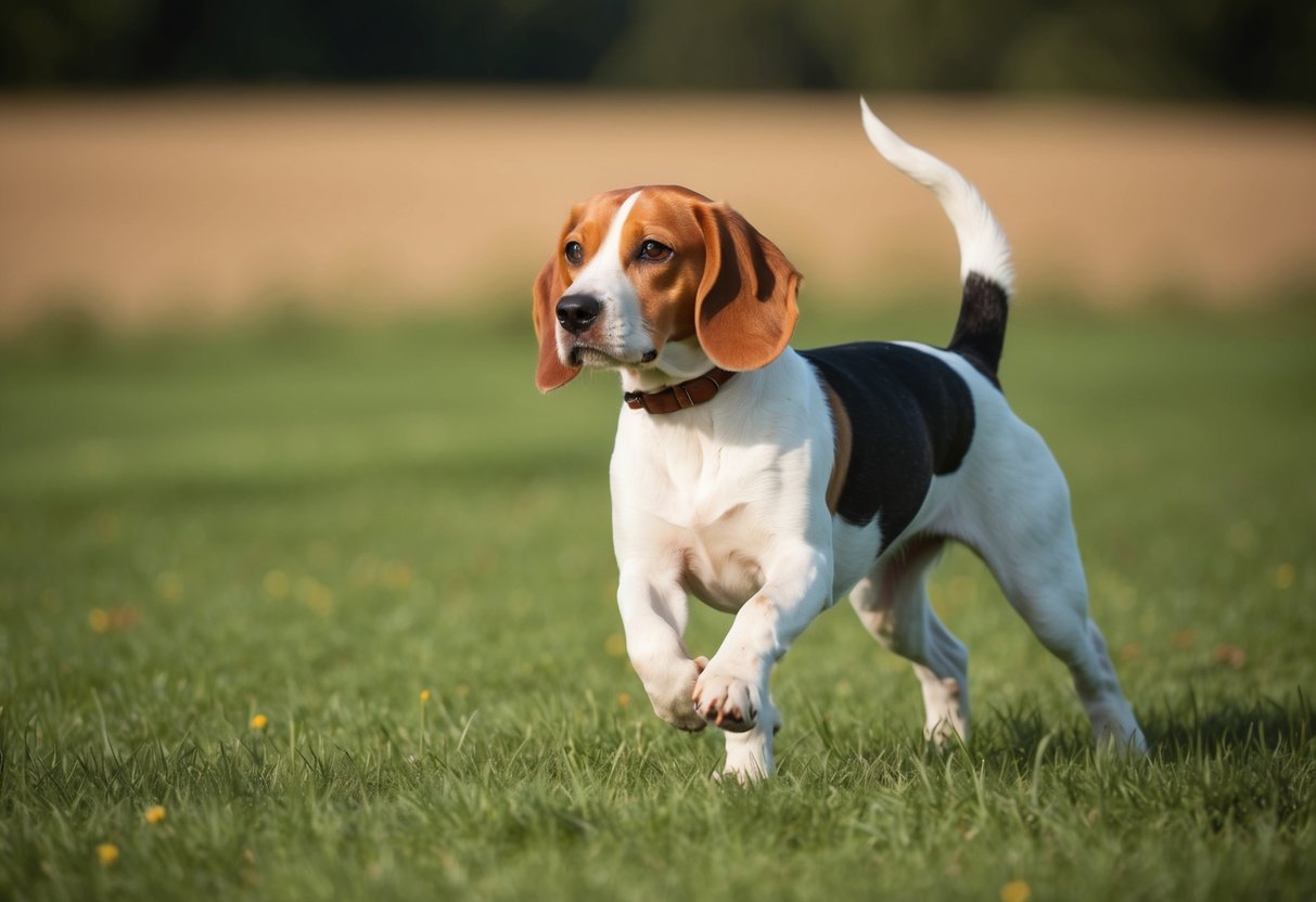 A beagle ignores its owner's call, running off into a field