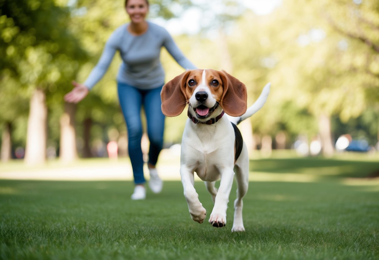 A beagle running towards its owner in a park, ears flapping, with a bright, open expression. The owner is standing with open arms, smiling