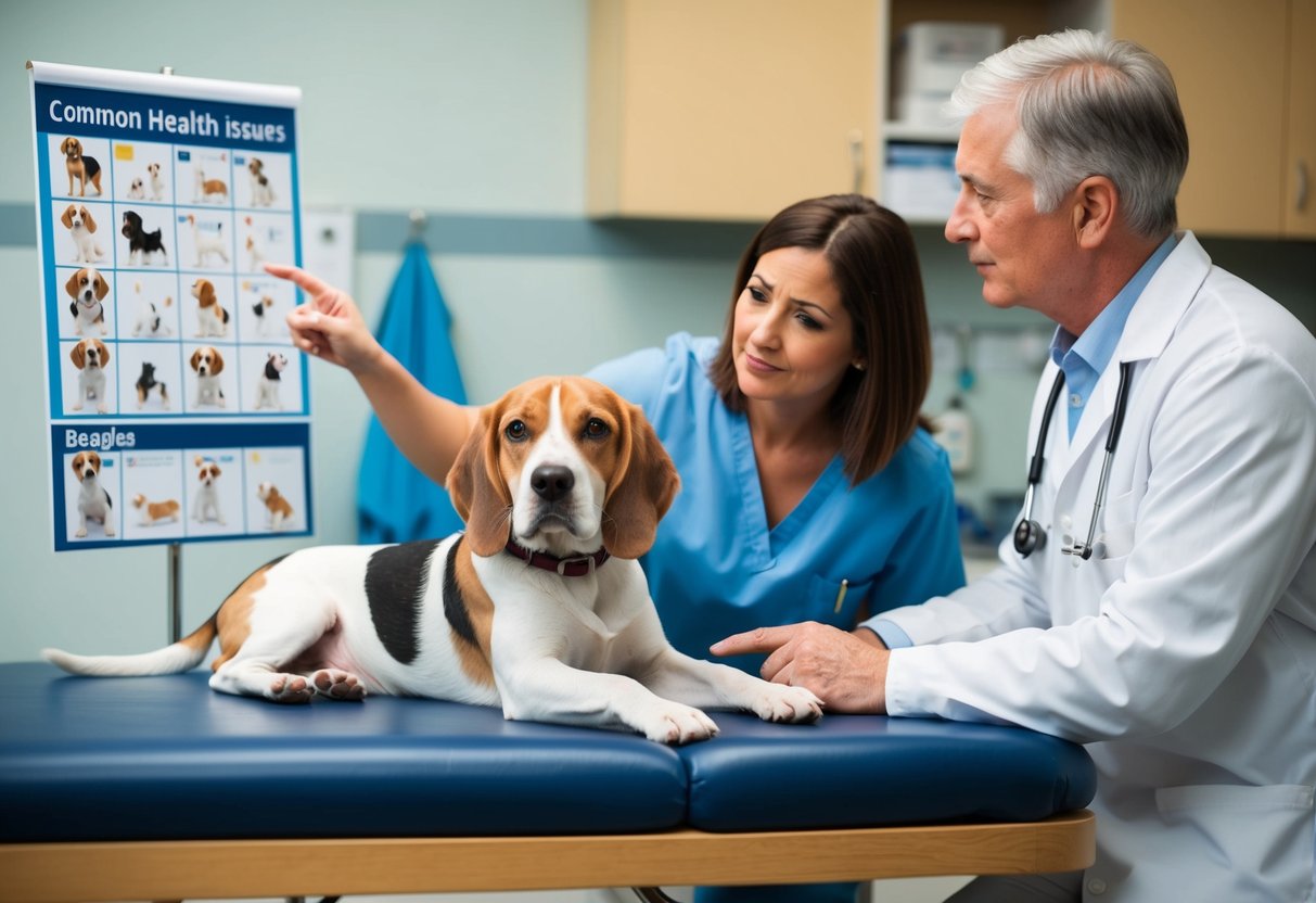 A beagle lying on a vet's examination table with a concerned owner looking on. The vet is pointing to a chart of common health issues in beagles
