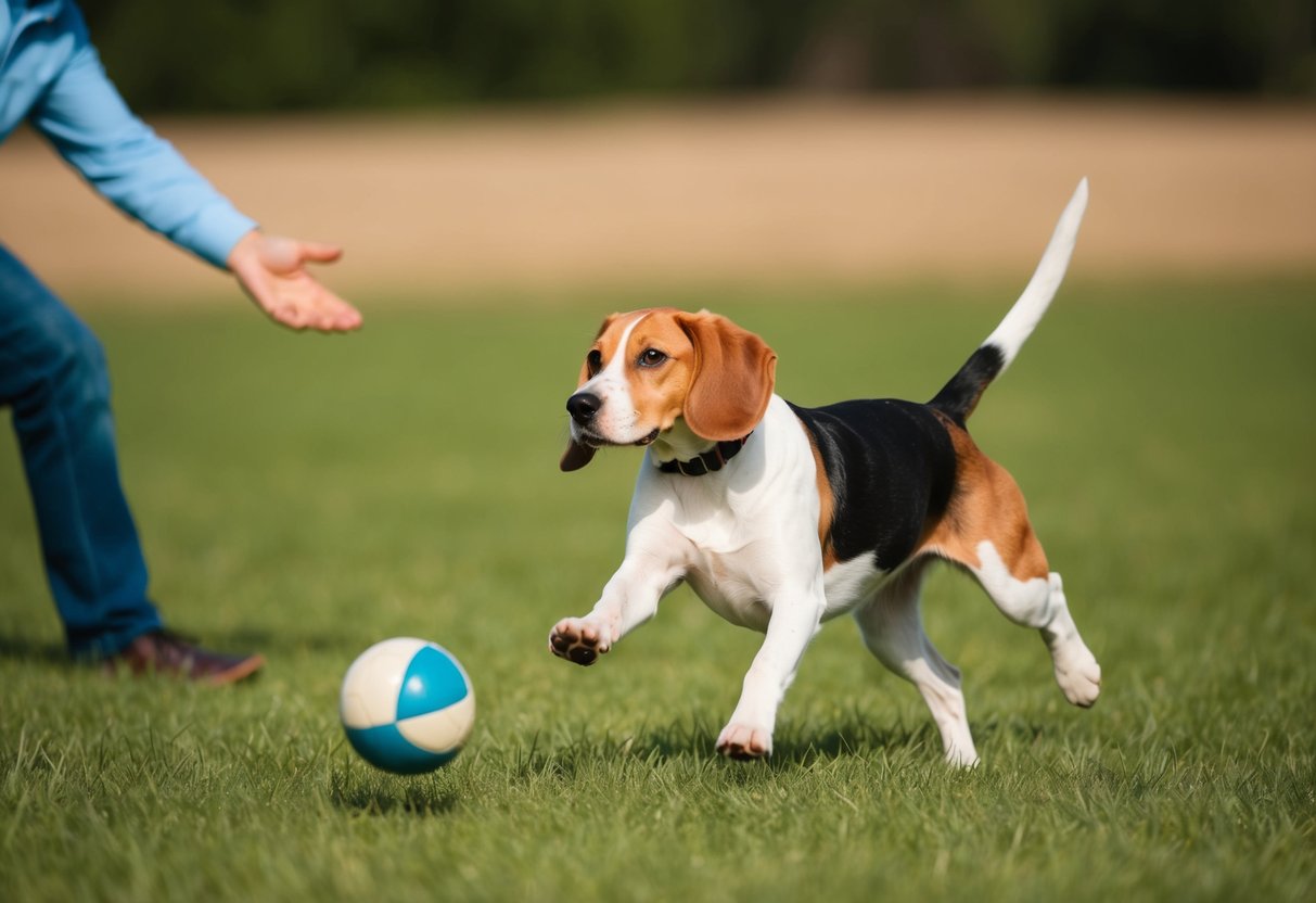 A beagle running through a grassy field, ears flopping, chasing after a ball thrown by its owner