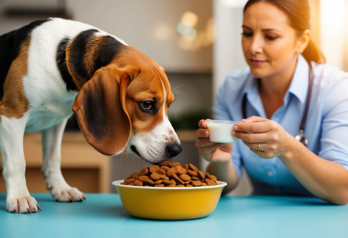 A beagle eagerly sniffs a bowl of balanced diet kibble, while a concerned owner measures out precise portions for weight management