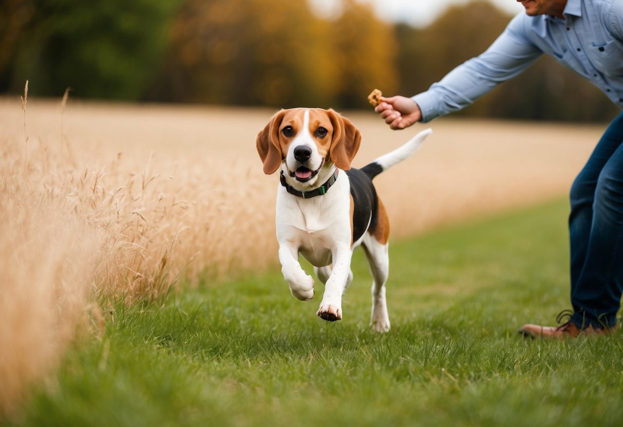 A beagle running through a field towards its owner, who is holding a treat and calling its name. The owner is smiling and the beagle's ears are perked up