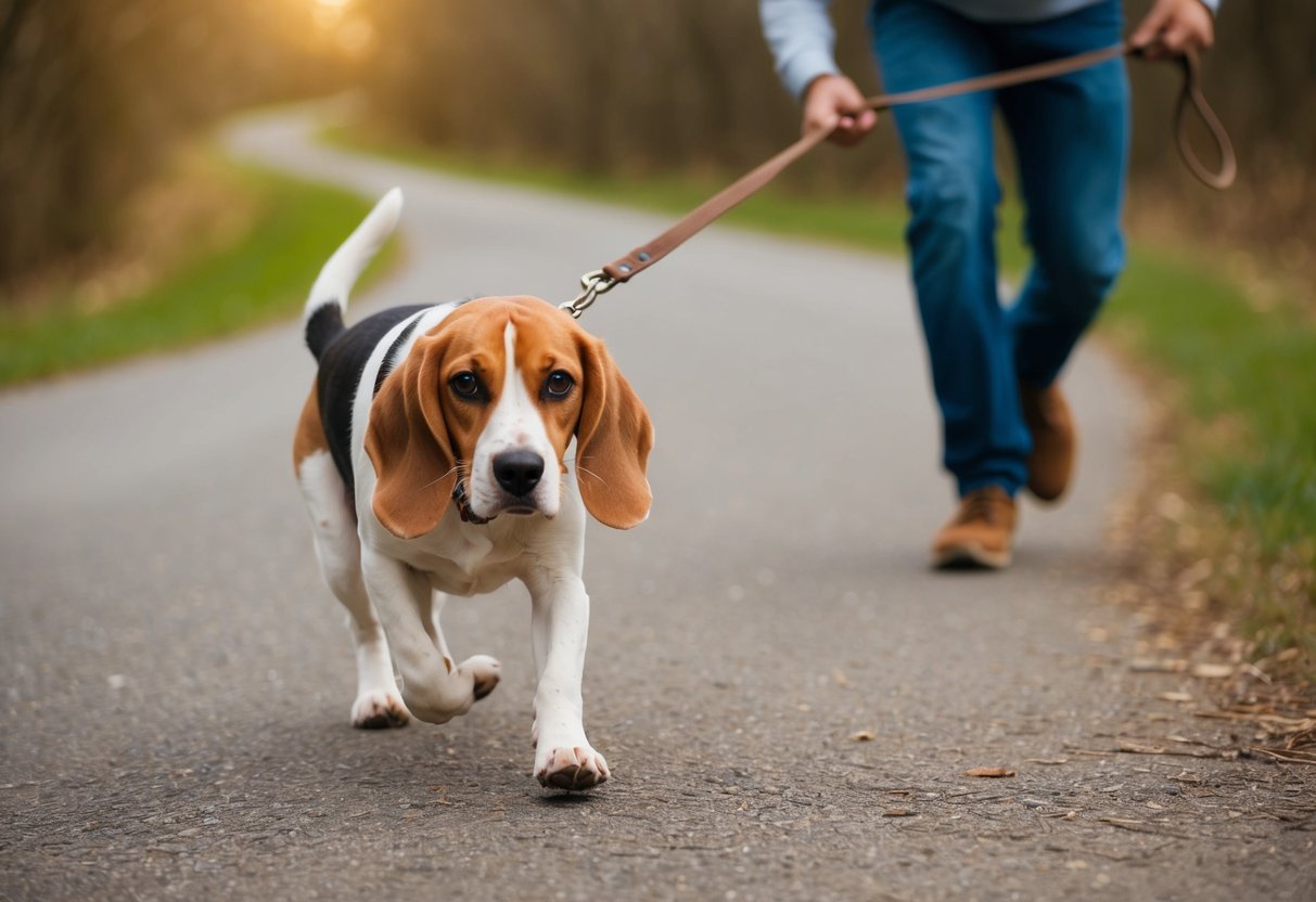 A beagle tugs on its leash, nose to the ground, as its owner struggles to keep up on a winding path