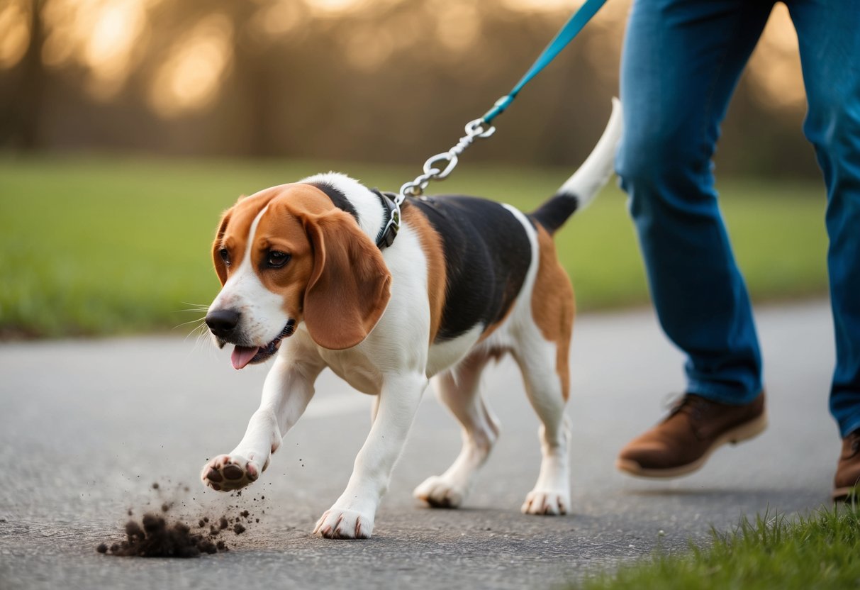 A beagle pulls on a leash, nose to the ground, following scents with determination. The owner struggles to keep up, their frustration evident