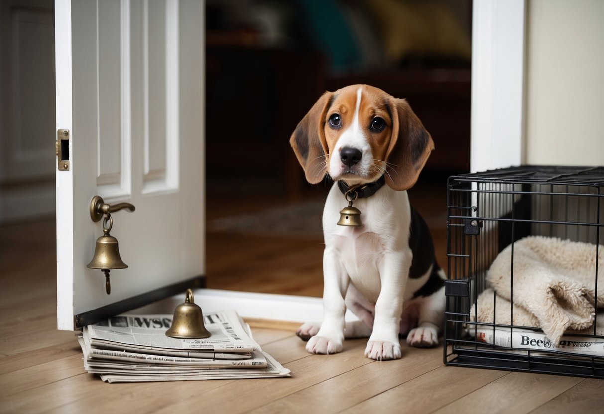 A beagle puppy sits by the open door, a bell hanging from the handle. A stack of newspapers lies nearby, and a crate with a soft blanket inside is in the corner