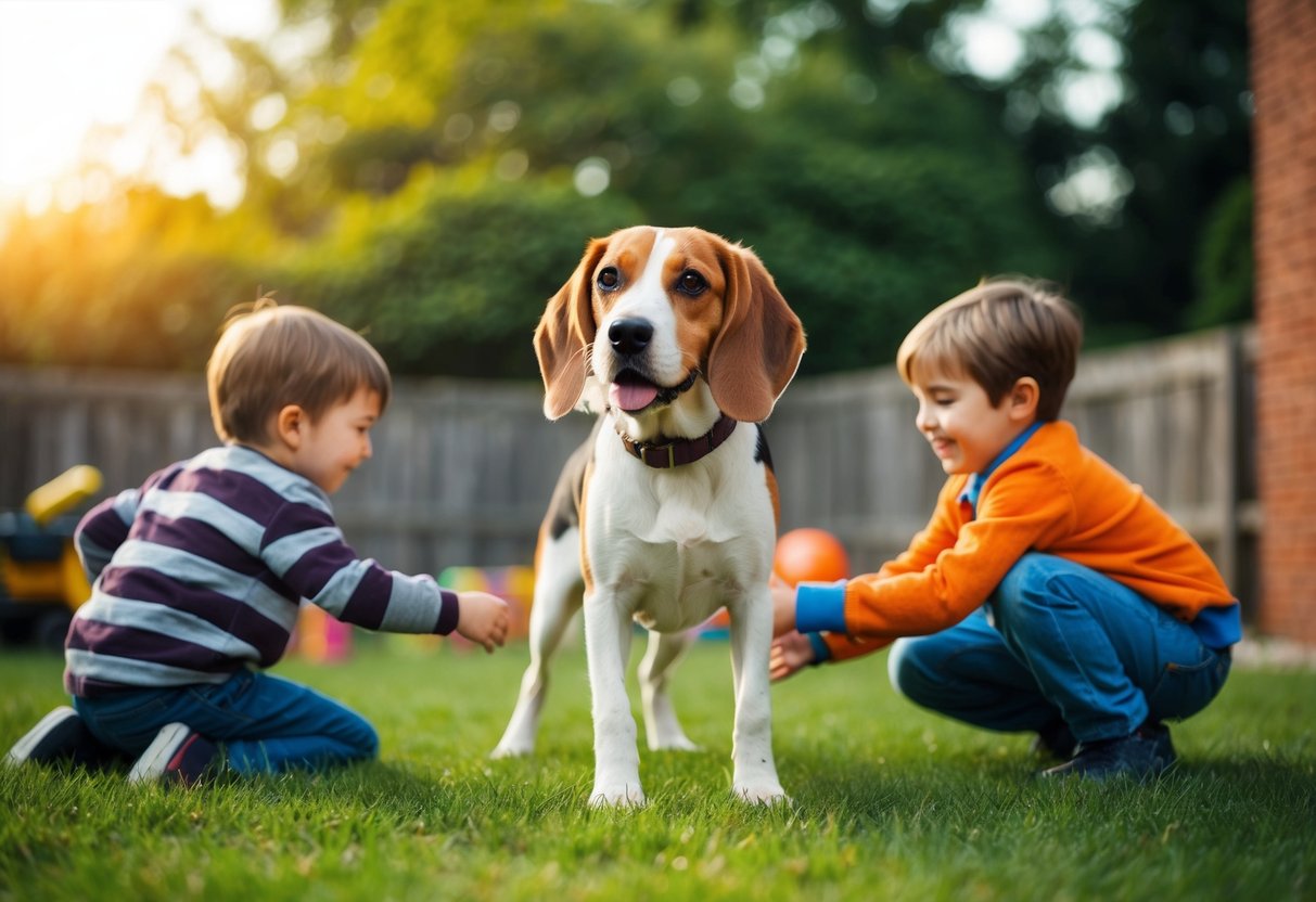 A beagle playing with children in a backyard