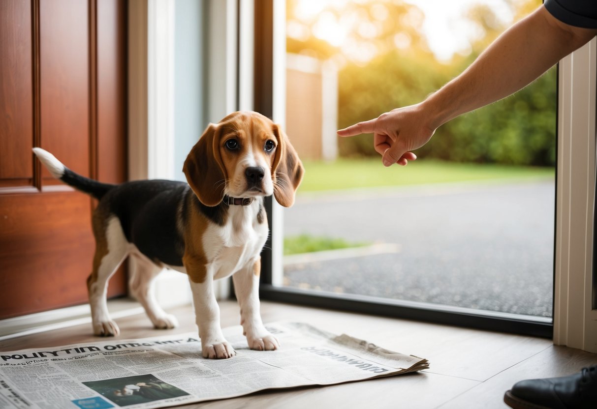 A beagle puppy stands by a door with a newspaper on the floor, while a person points to a designated potty area outside