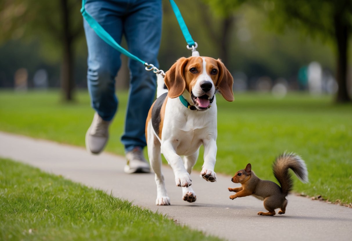 A beagle pulls on its leash, eager to chase a squirrel, while its owner struggles to keep up during a walk in the park