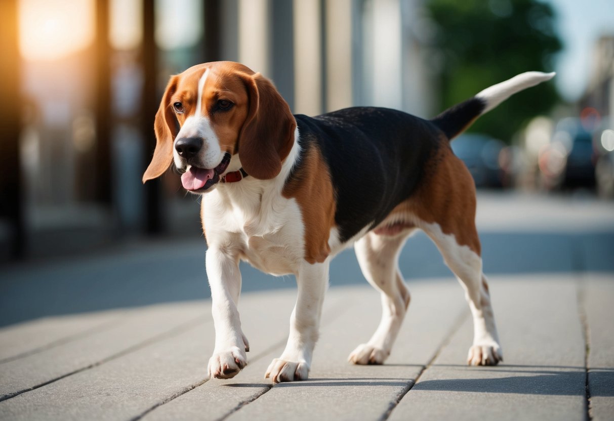 A beagle struggles to walk due to its heavy weight and short legs, panting and looking exhausted