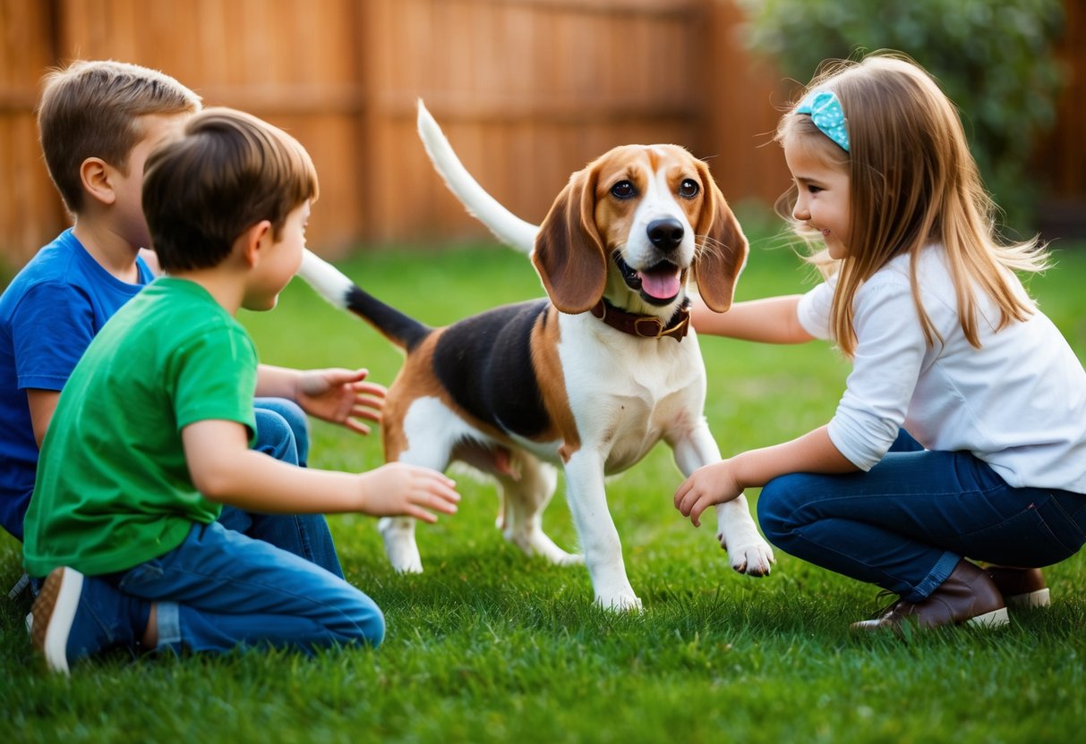 A beagle playing with children in a backyard, wagging its tail and looking happy