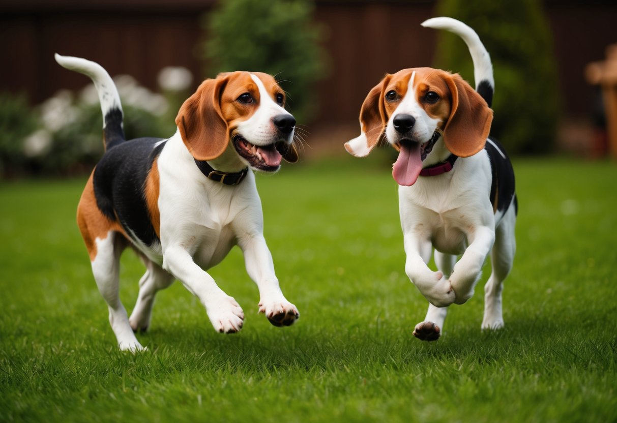 Two beagles, one male and one female, playfully chasing each other in a grassy backyard, tails wagging and tongues lolling in joy