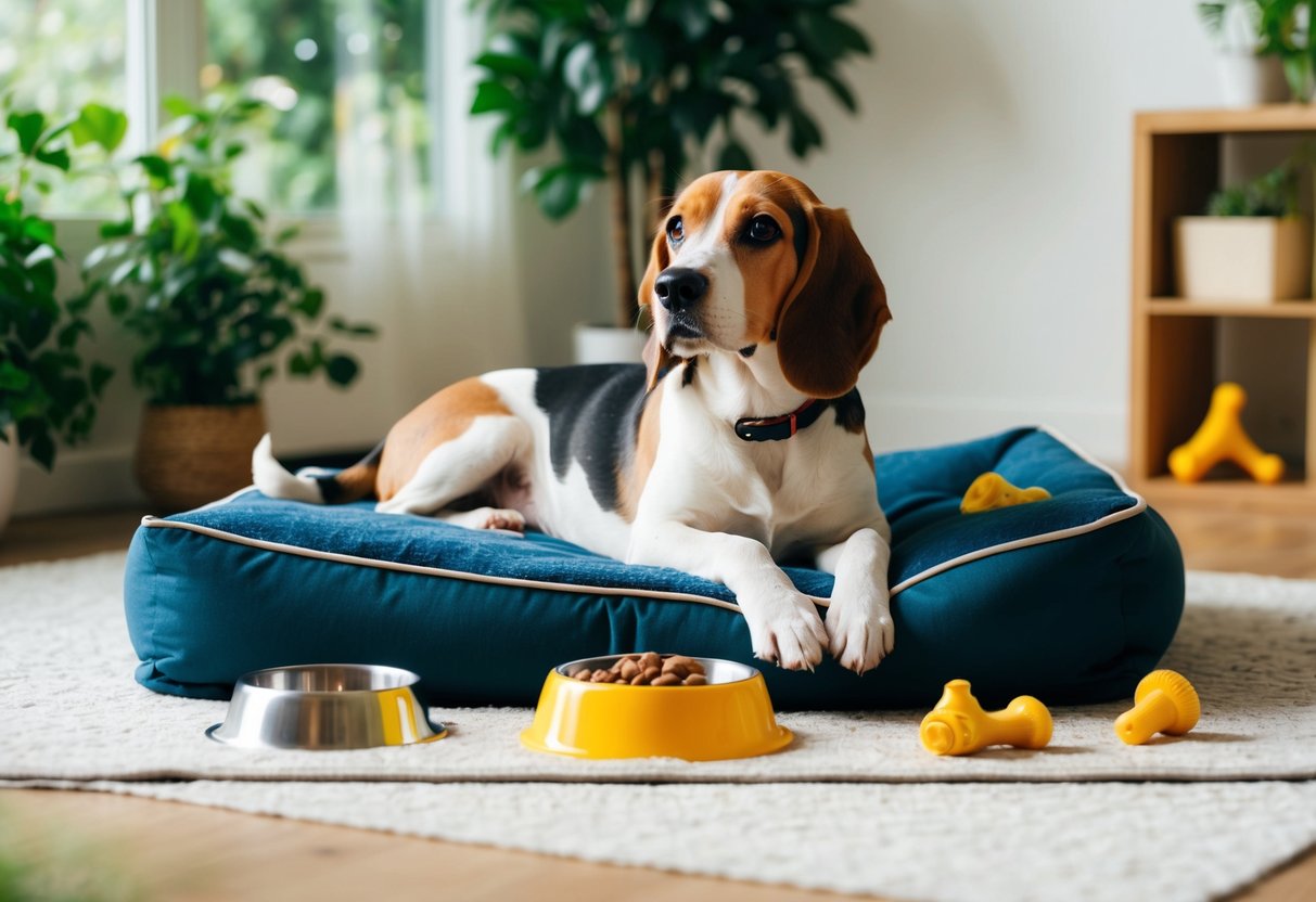 A beagle lounges on a cozy dog bed, surrounded by chew toys and a food bowl. The room is filled with natural light and greenery, creating a peaceful and welcoming atmosphere