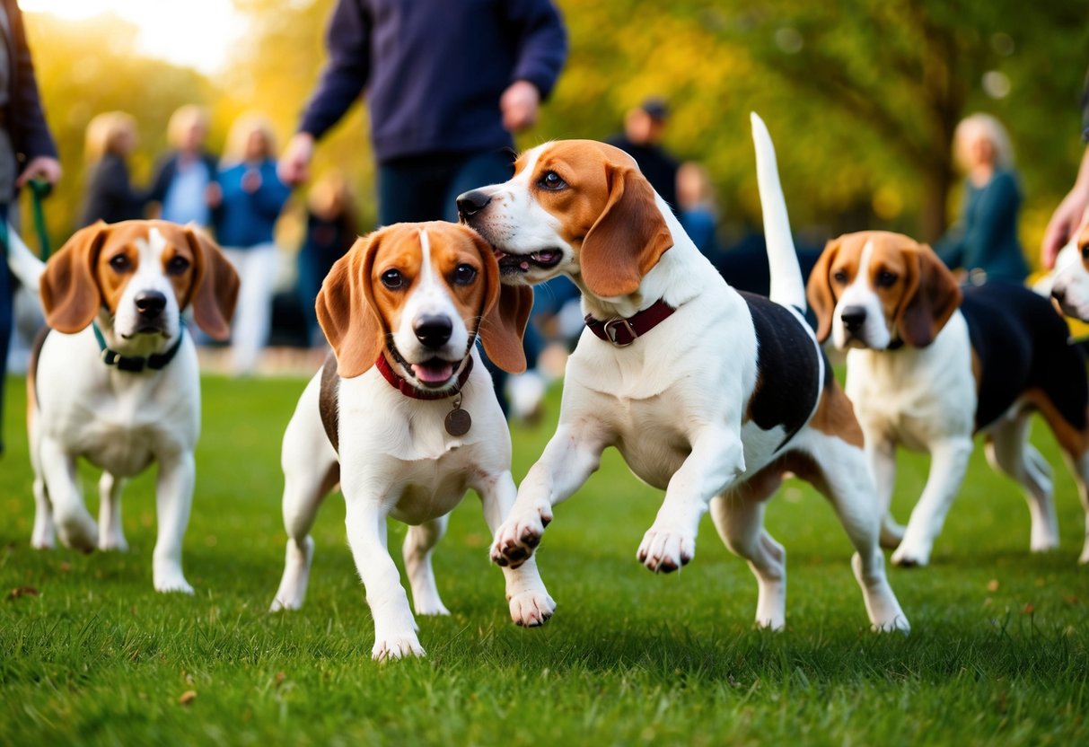 Two beagles, one male and one female, happily playing together in a park, surrounded by other dogs and their owners
