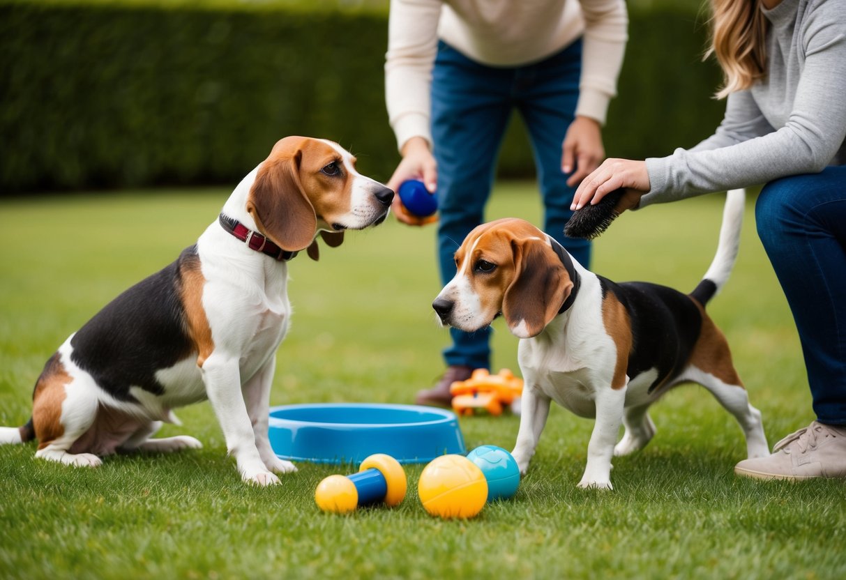 Two beagles playing in a spacious backyard, surrounded by toys and a water bowl. A family member brushes one beagle's coat while the other sniffs around