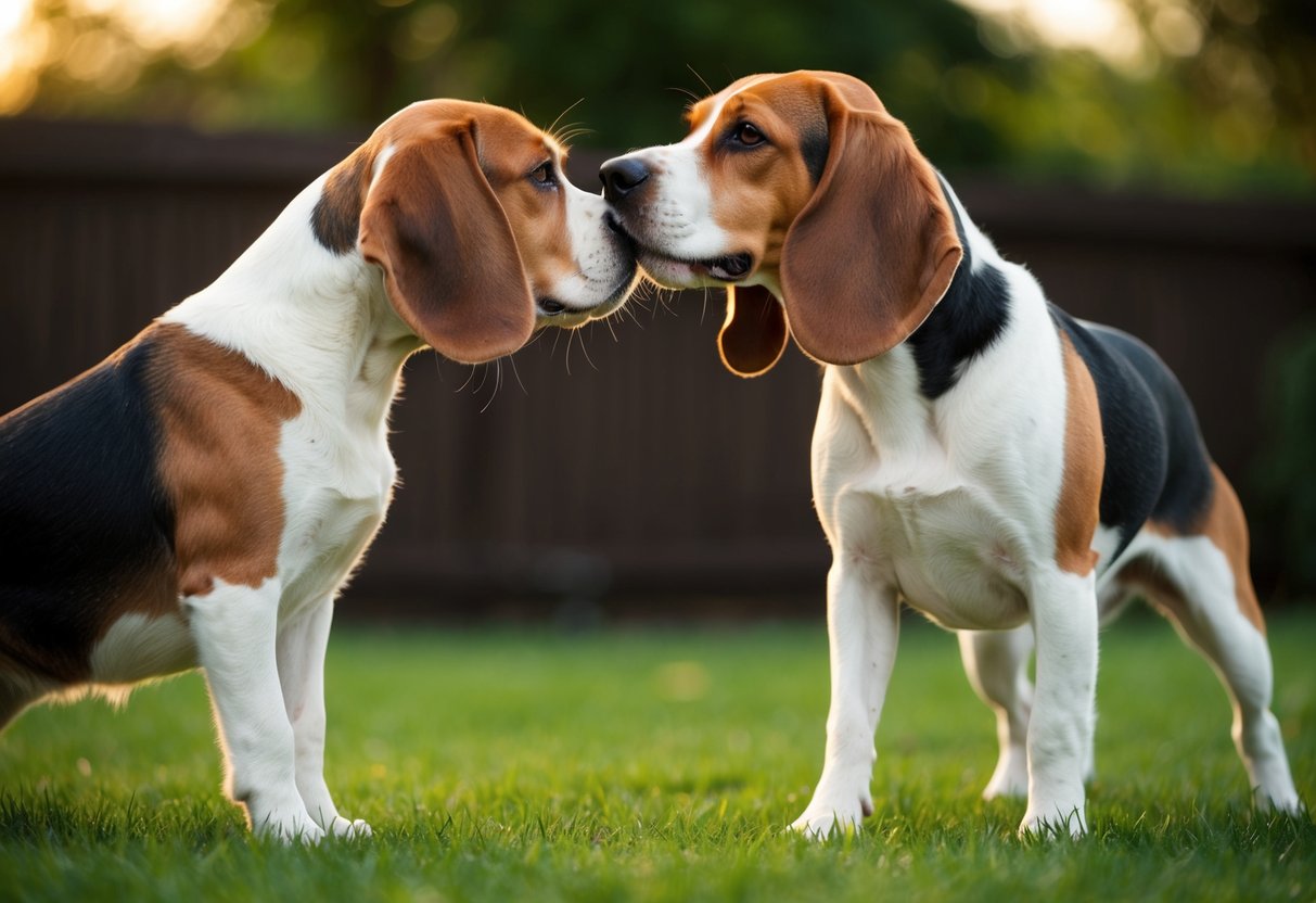 A male and female beagle sniff each other cautiously, then start playing together in the backyard