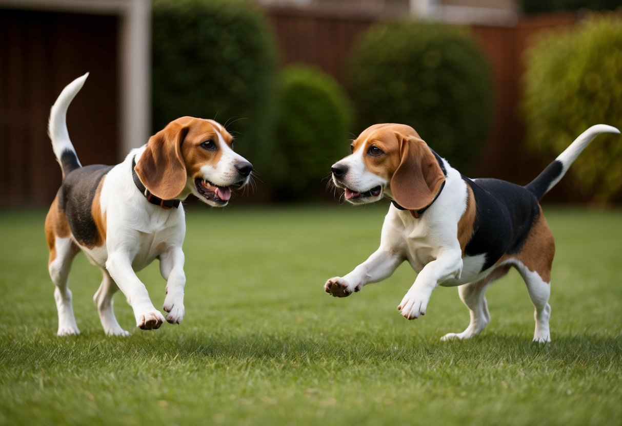 Two beagles playfully interact in a spacious backyard, chasing each other and sniffing around. Their tails wag as they enjoy their social time together