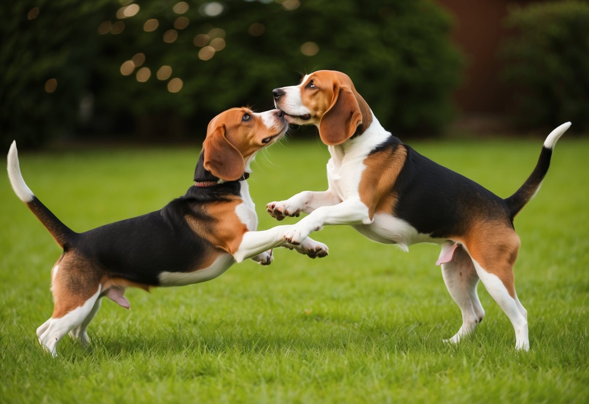 A male and female beagle playfully interact in a grassy yard, wagging their tails and sniffing each other's noses
