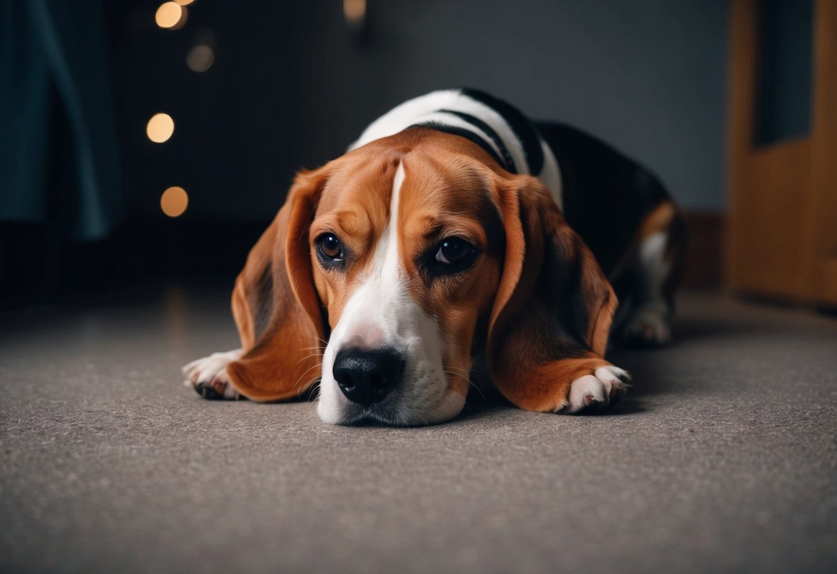 A beagle with droopy ears and a frowning mouth, lying alone in a dimly lit room with a sad expression