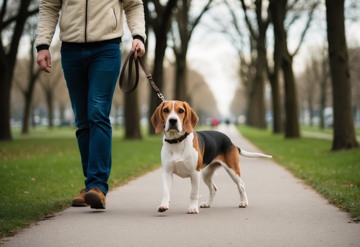 A beagle walks calmly beside its owner, leash slack, in a peaceful, tree-lined park