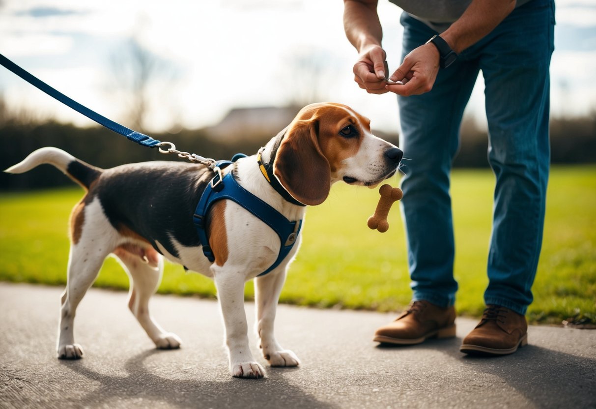 A beagle wearing a harness pulls on a leash while the owner tries to redirect its attention with a treat or toy