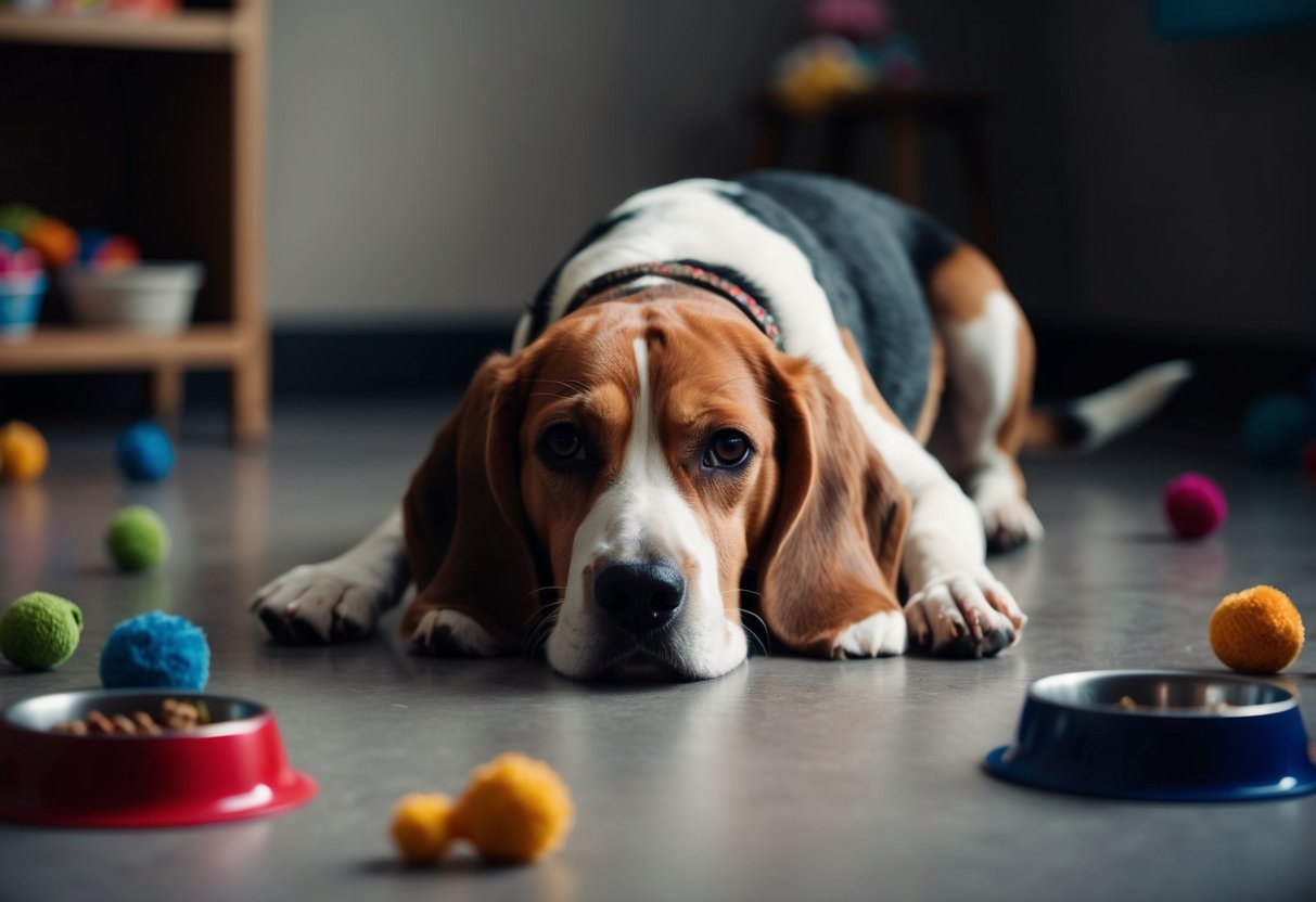 A beagle with droopy ears and a sad expression, lying alone in a dimly lit room with scattered toys and empty food bowls