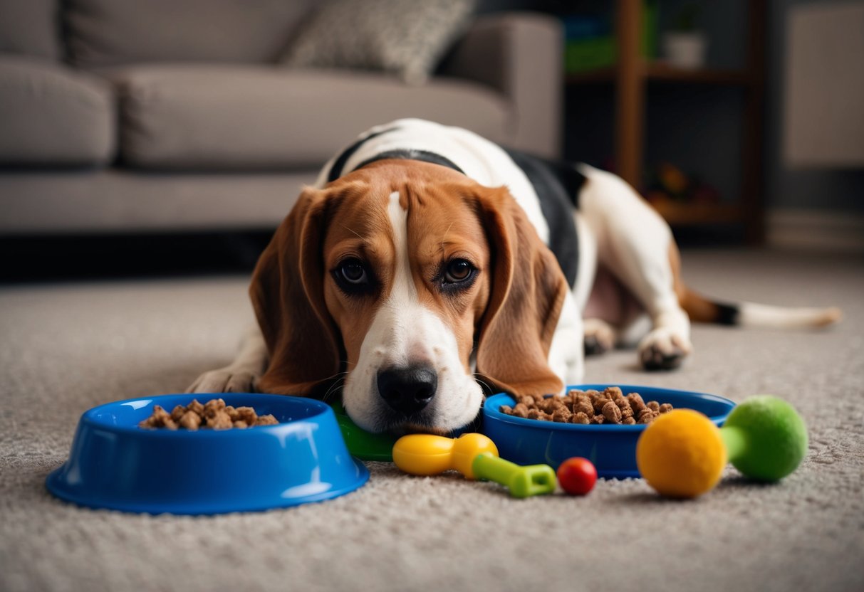 A beagle lying with droopy ears and a sad expression, surrounded by untouched food and toys