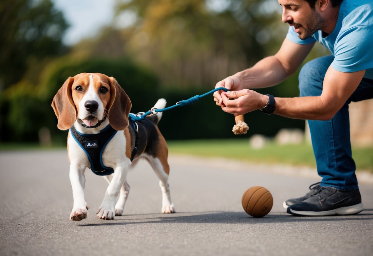 A beagle wearing a harness pulls on a leash, while a frustrated owner tries to redirect the dog's attention with a treat and a toy