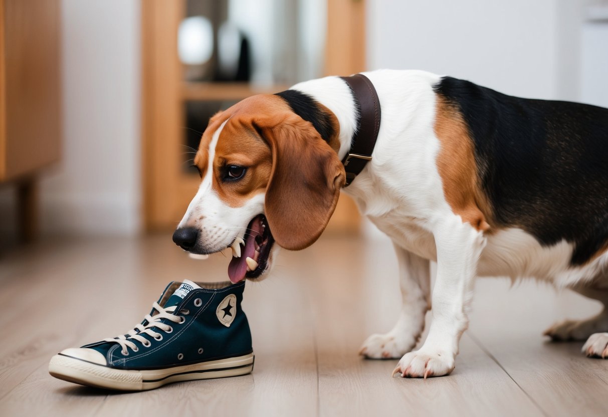 A beagle with bared teeth growls at a chewed-up shoe on the floor