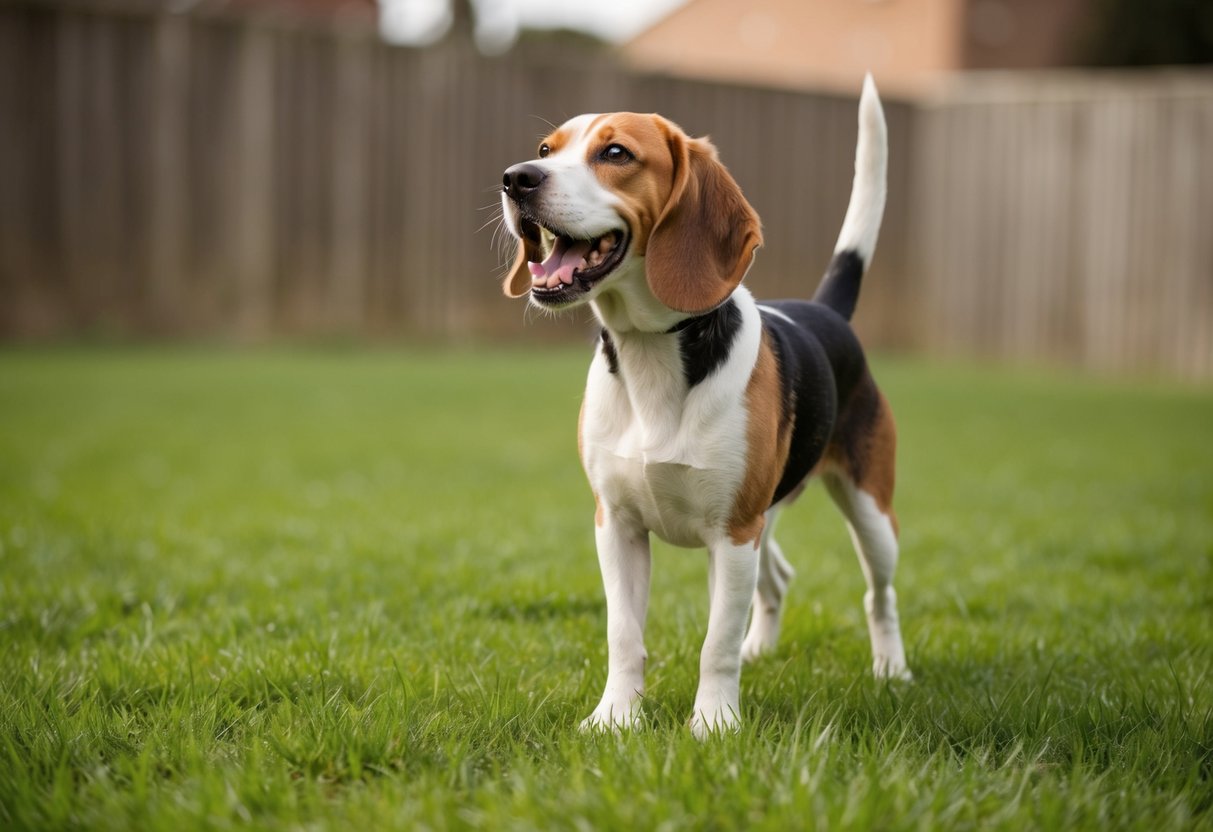 A beagle stands in a grassy yard, barking loudly with its head held high and ears perked up
