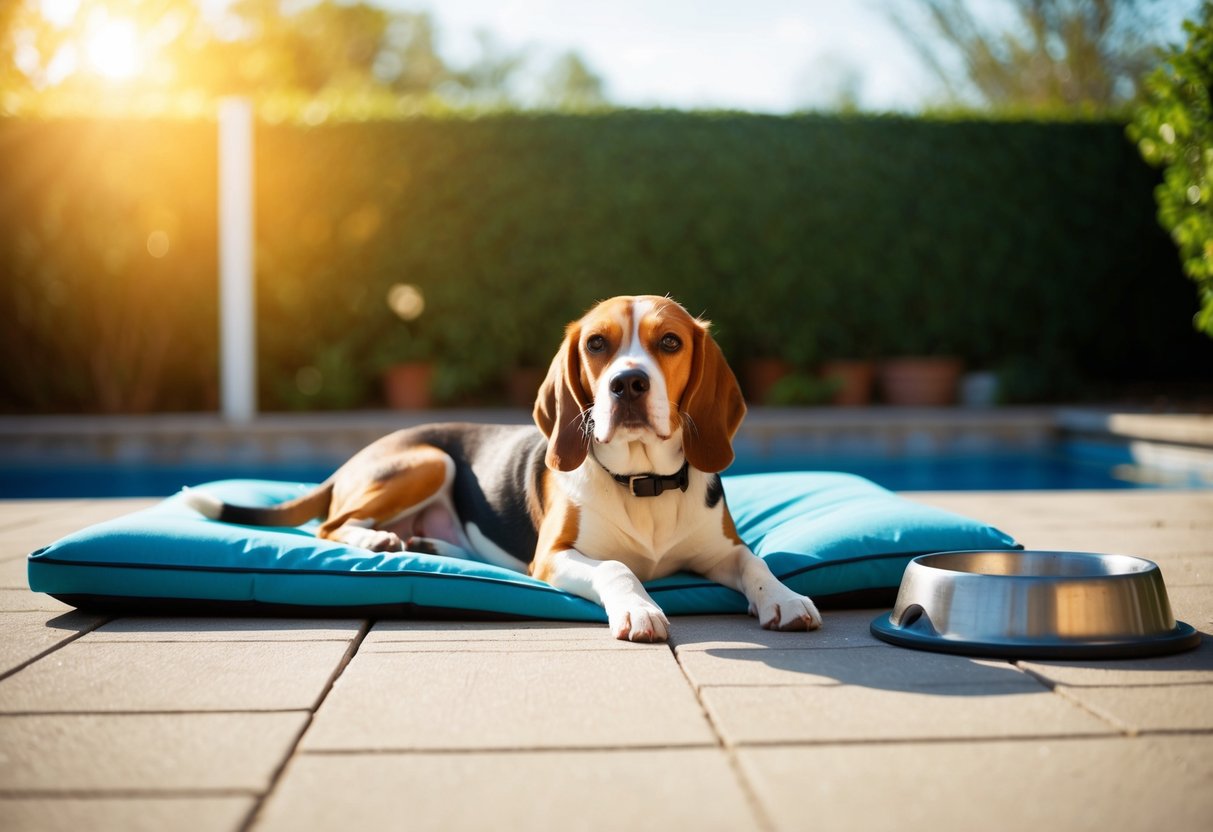 A beagle lounges in a spacious backyard, basking in the sun with a content expression. A sturdy doghouse and water bowl are nearby