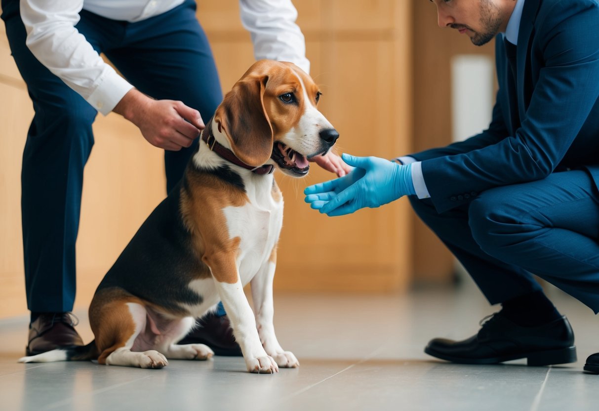 A beagle growls and nips at a person's ankle. The person recoils in pain, seeking help from a professional