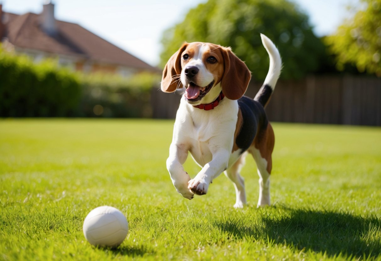 A beagle happily plays in a spacious backyard, chasing after a ball and barking joyfully in the sunshine