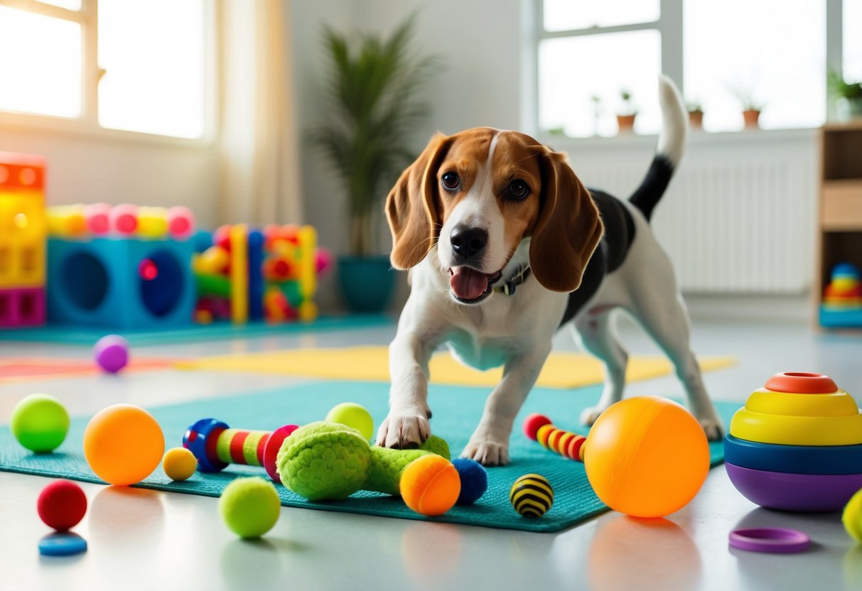 A beagle happily plays with a variety of toys in a spacious, sunlit room, surrounded by colorful and engaging enrichment activities