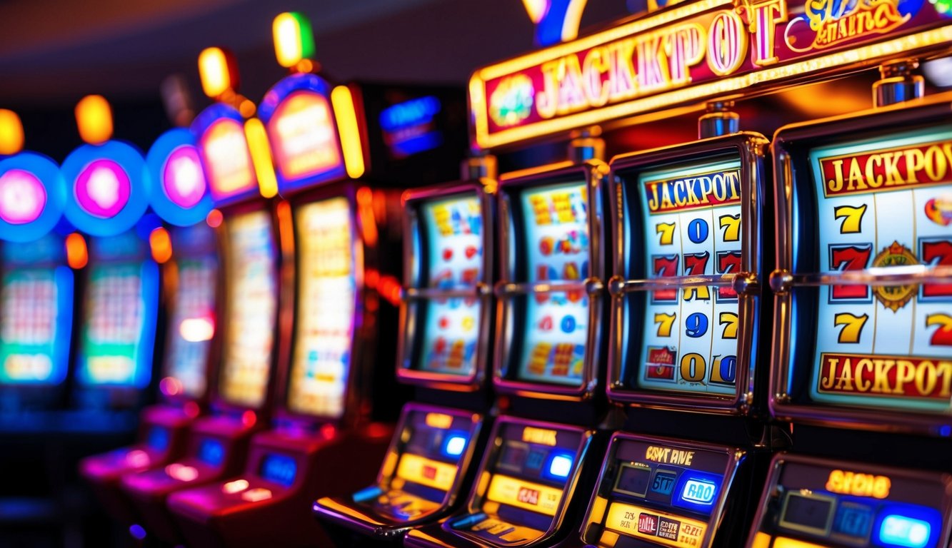 Sebuah mesin slot berwarna-warni dengan lampu berkedip dan tampilan jackpot yang bersinar