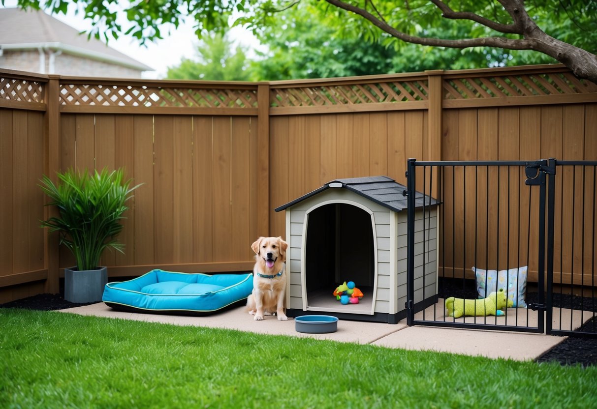 A fenced backyard with a doghouse, water bowl, and toys. A shaded area with a comfortable bed and a secure gate