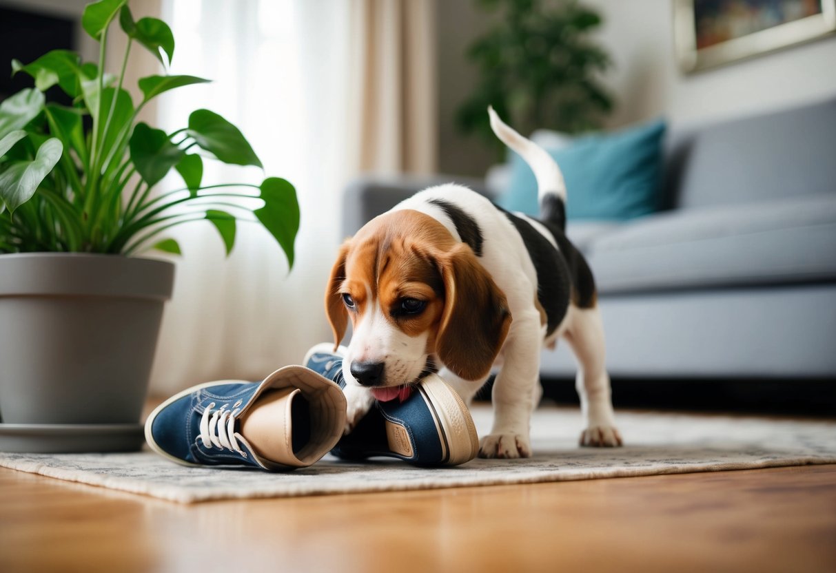 A beagle puppy chews on a pair of shoes while knocking over a plant in the living room