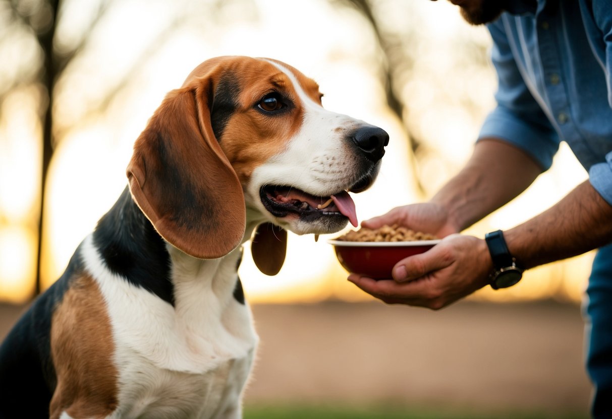 A beagle growls, ears back, as owner approaches with food