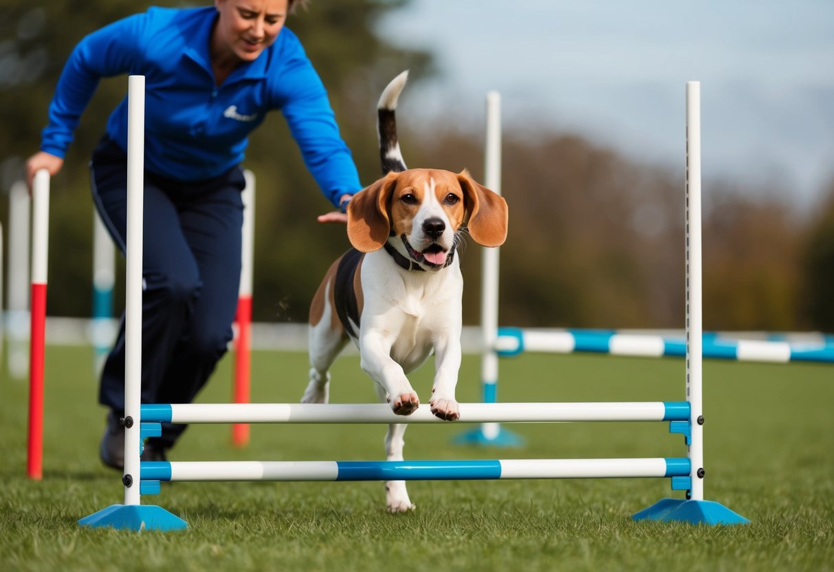 A beagle running through an agility course, jumping over hurdles and weaving through poles, with a trainer guiding and encouraging the dog