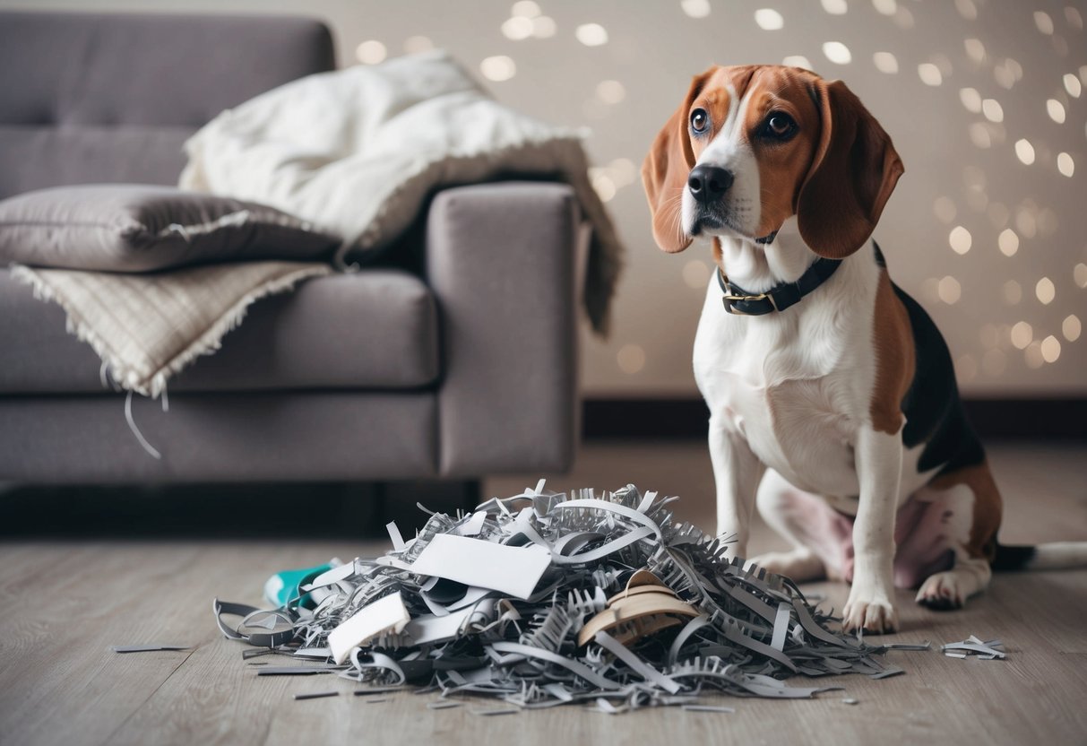 A beagle with a worried expression sits beside a pile of shredded items, while a torn couch cushion lies in the background